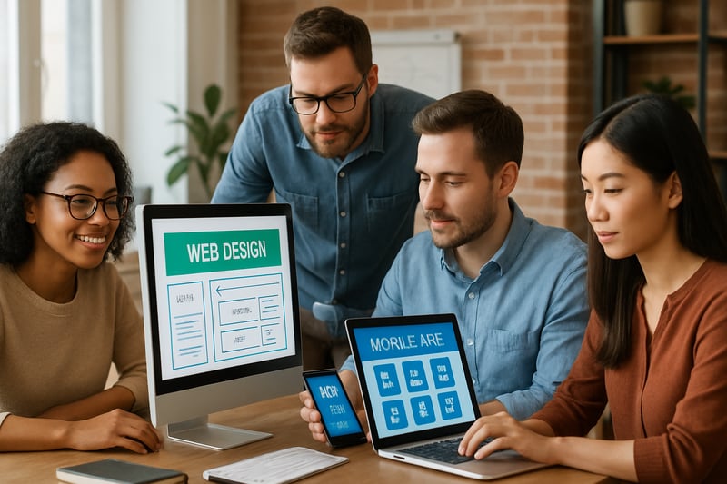 Expert web design and mobile app development team at work Expert web design and mobile app development team at work