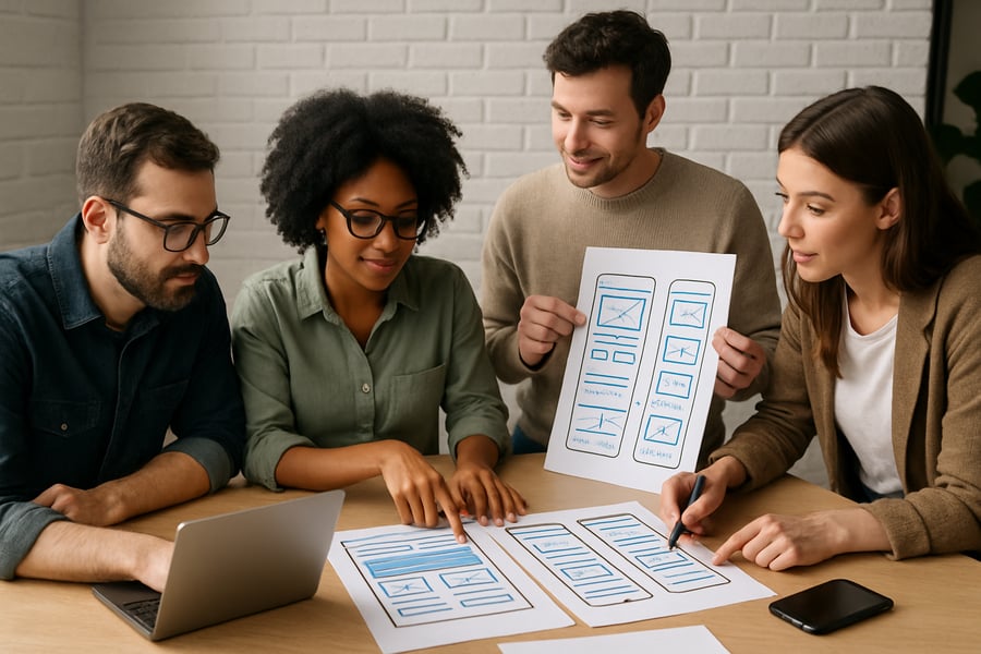 Team collaborating on web and mobile app designs Team collaborating on web and mobile app designs